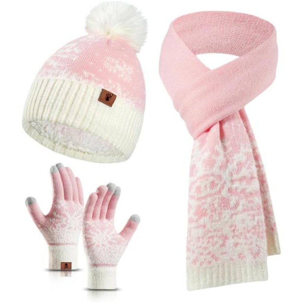 Winter Womens Hat Scarf Gloves Set, 3 in 1 Warm Beanie with Pom Pom, Thickened